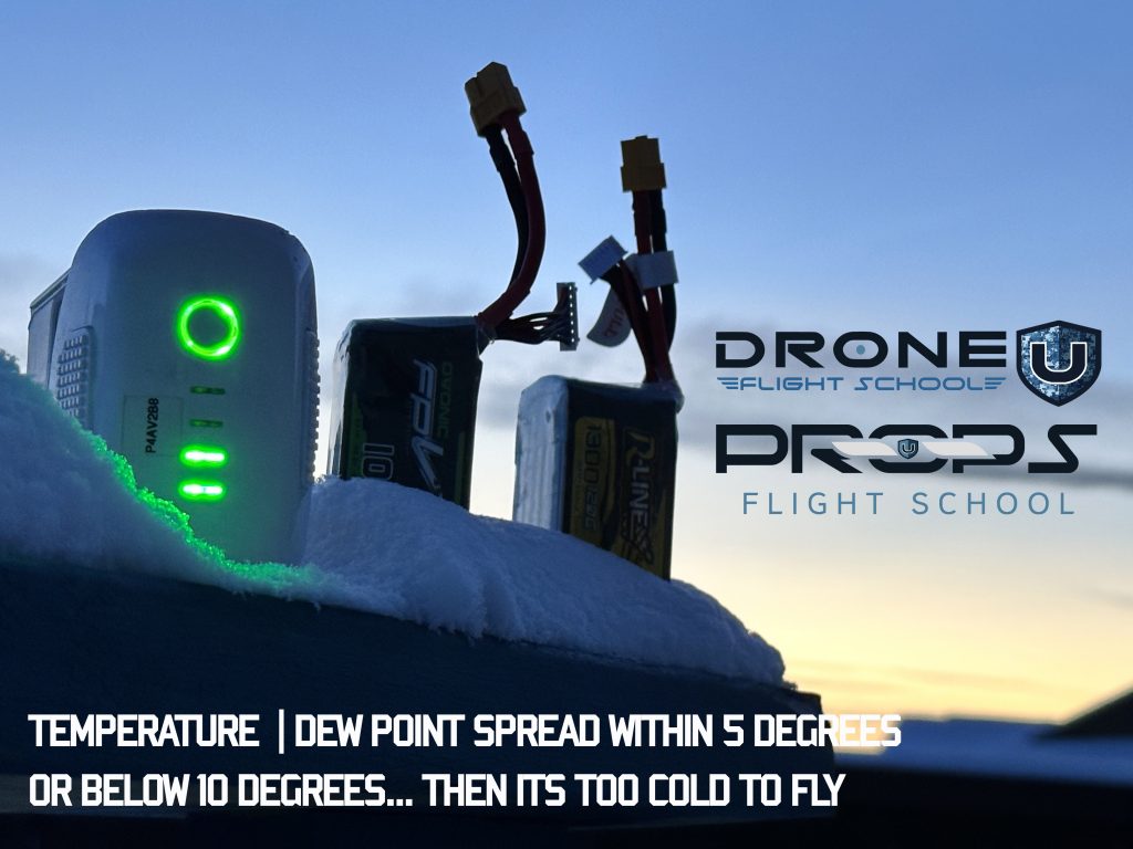 how cold is too cold to fly your drone? Below 10 degrees or when the temperature and dew point are within 5