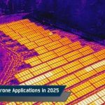 Thermal drone scanning solar farm with infrared heat map overlay