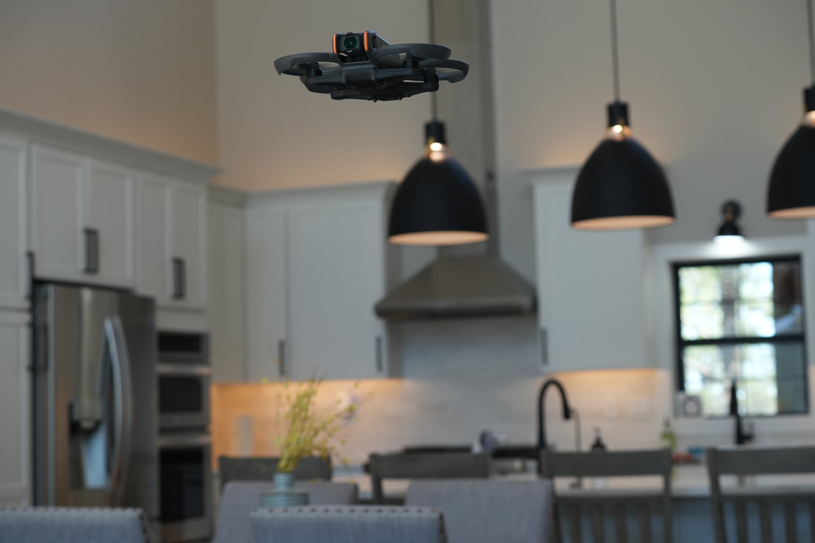 DJI Avata 2 flying an indoor fly-through of a home kitchen