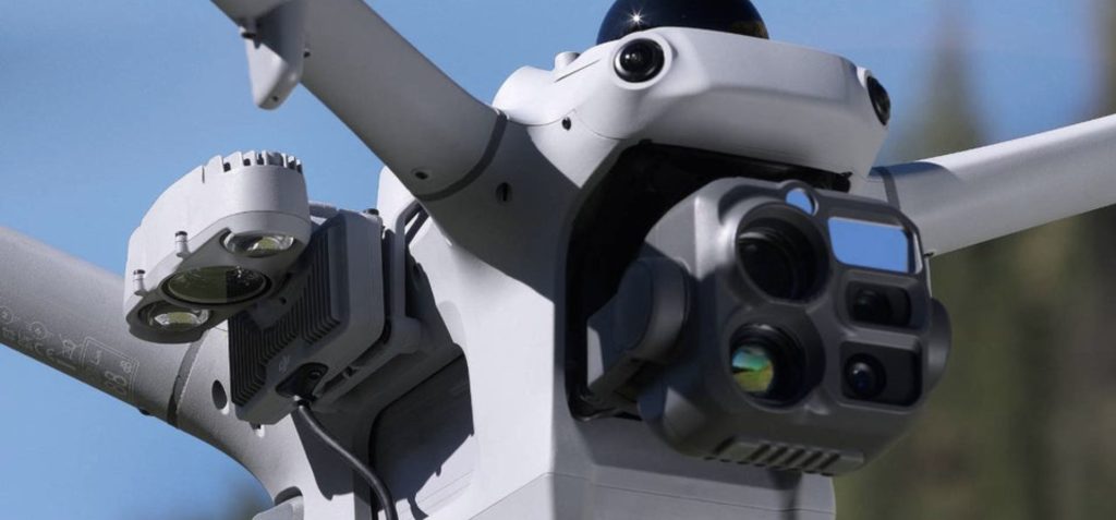 Close-up of the DJI Matrice 5 camera payload and laser rangefinder