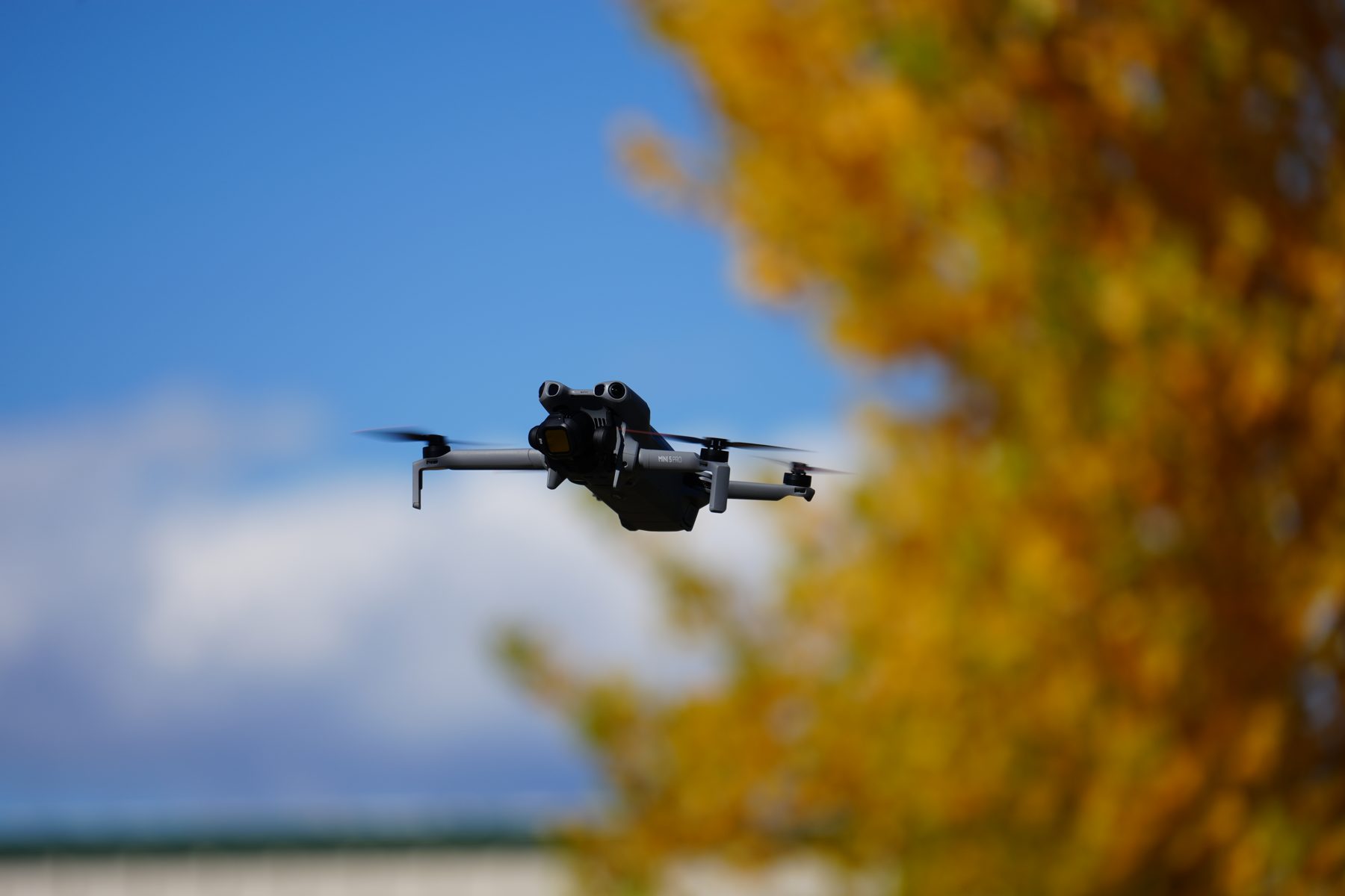 DJI Mini 5 Pro in flight against blue sky and fall trees